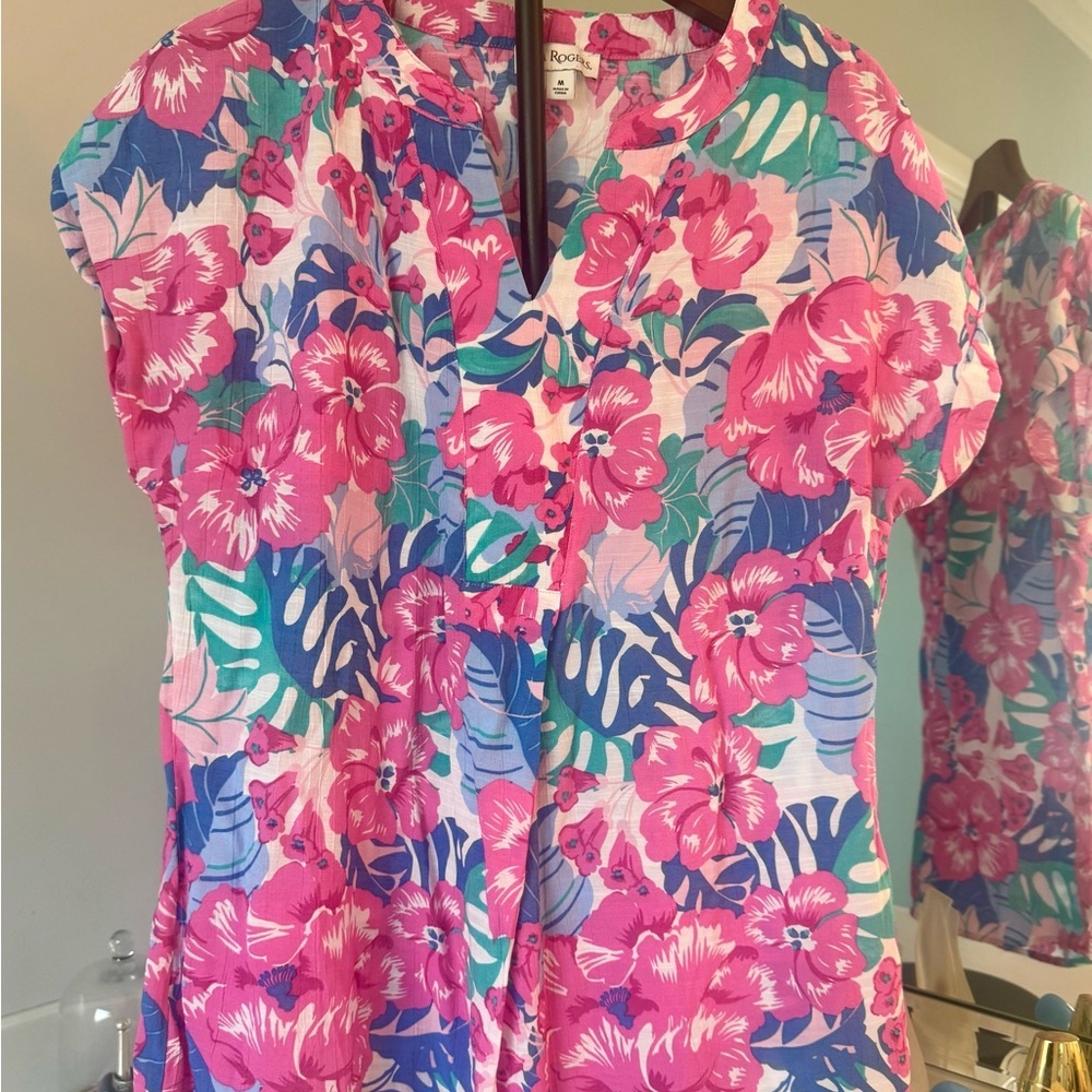 Kim Rogers Pink & Blue Floral V-Neck Short Sleeve Tunic USM